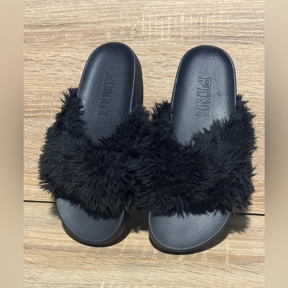 PINK Victoria's Secret Women's Black Fuzzy fur Slides slip on shoes size 5/6